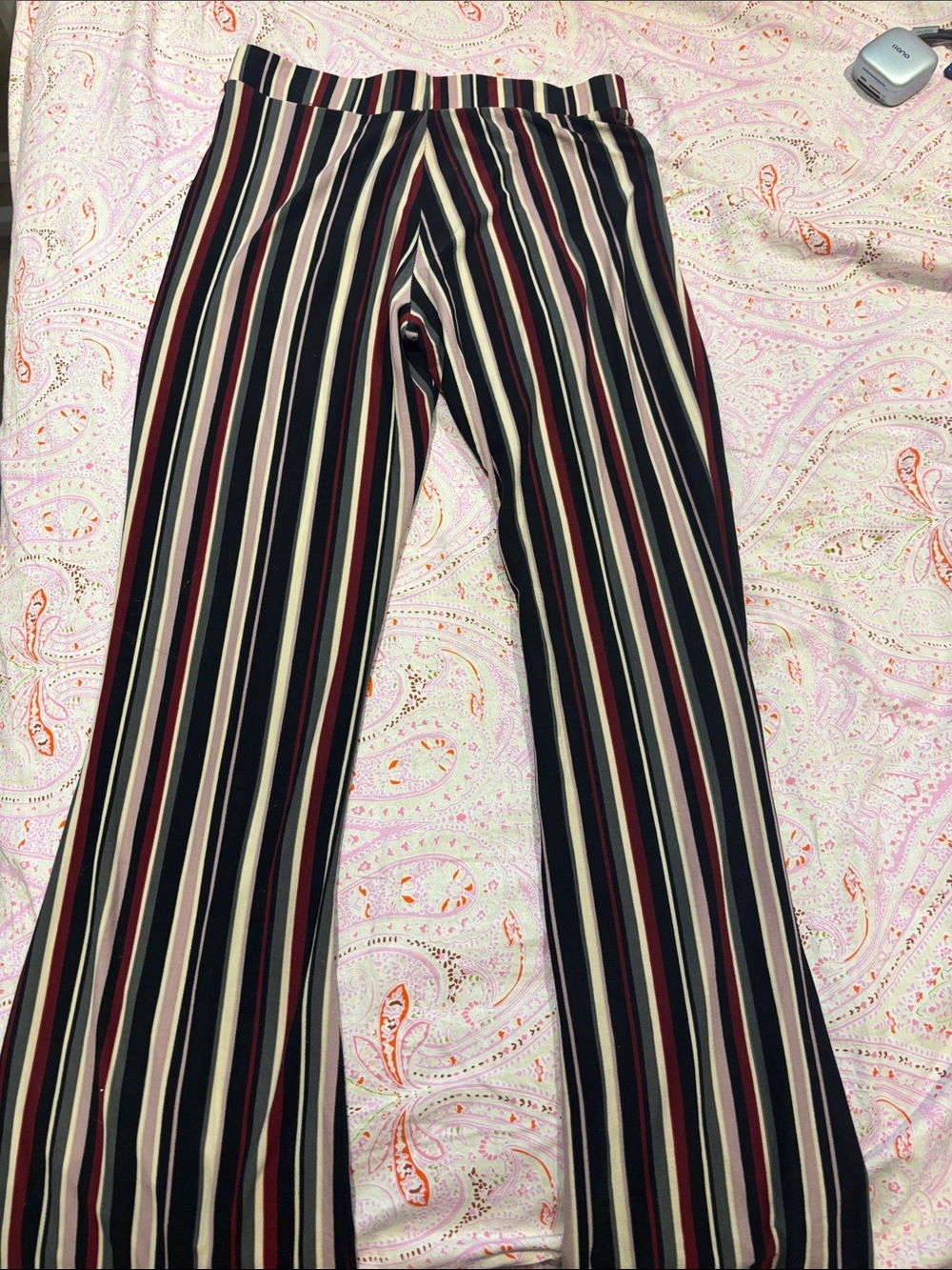 Striped Wide-Leg Women’s Pants - Black, Burgundy & Cream